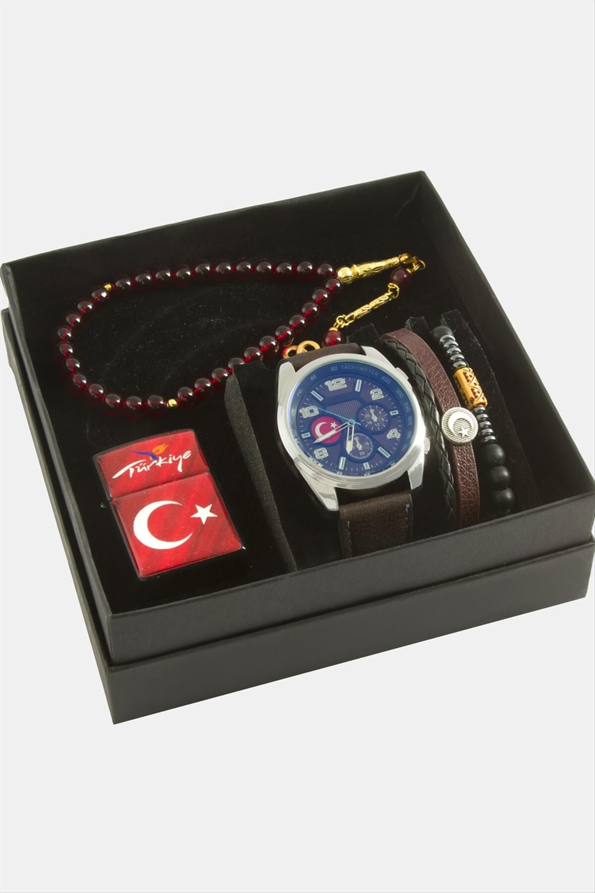 Ay Yıldız Temalı Kol Saati Tesbih Bileklik ve Çakmak Kutulu Set